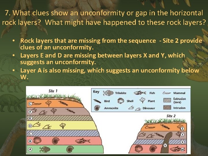 7. What clues show an unconformity or gap in the horizontal rock layers? What