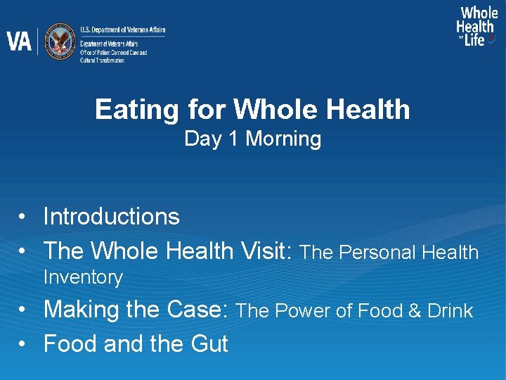Eating for Whole Health Day 1 Morning • Introductions • The Whole Health Visit: