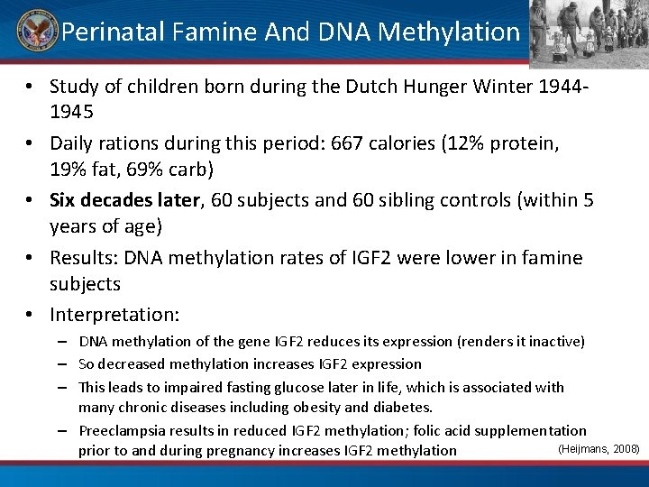 Perinatal Famine And DNA Methylation • Study of children born during the Dutch Hunger