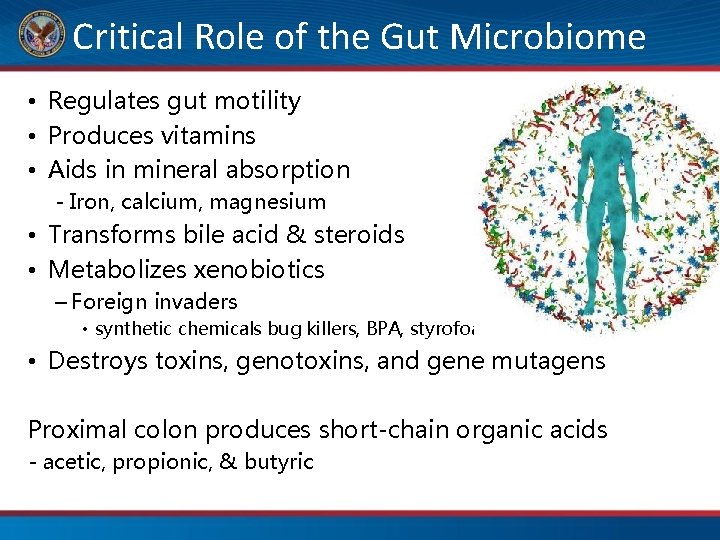 Critical Role of the Gut Microbiome • Regulates gut motility • Produces vitamins •