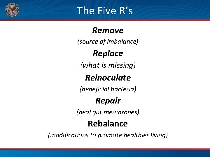 The Five R’s Remove (source of imbalance) Replace (what is missing) Reinoculate (beneficial bacteria)