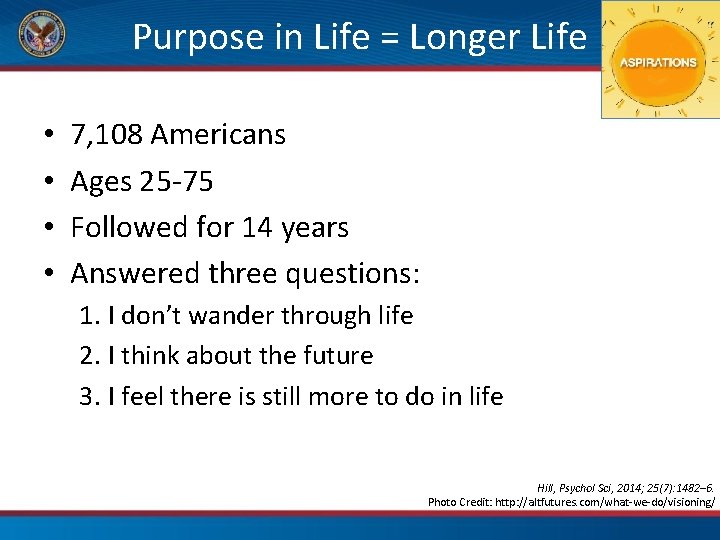  Purpose in Life = Longer Life • • 7, 108 Americans Ages 25