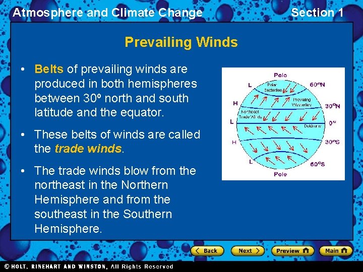 Atmosphere and Climate Change Prevailing Winds • Belts of prevailing winds are produced in