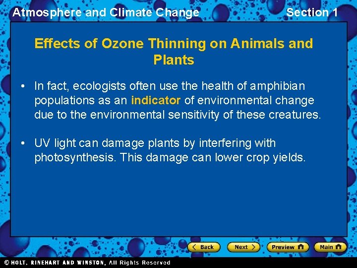 Atmosphere and Climate Change Section 1 Effects of Ozone Thinning on Animals and Plants