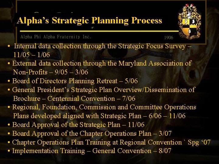 Alpha’s Strategic Planning Process • Internal data collection through the Strategic Focus Survey –