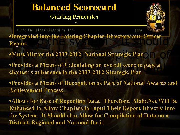 Balanced Scorecard Guiding Principles • Integrated into the Existing Chapter Directory and Officer Report