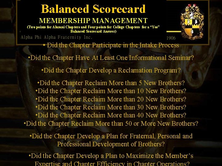 Balanced Scorecard MEMBERSHIP MANAGEMENT (Two points for Alumni Chapters and Four points for College