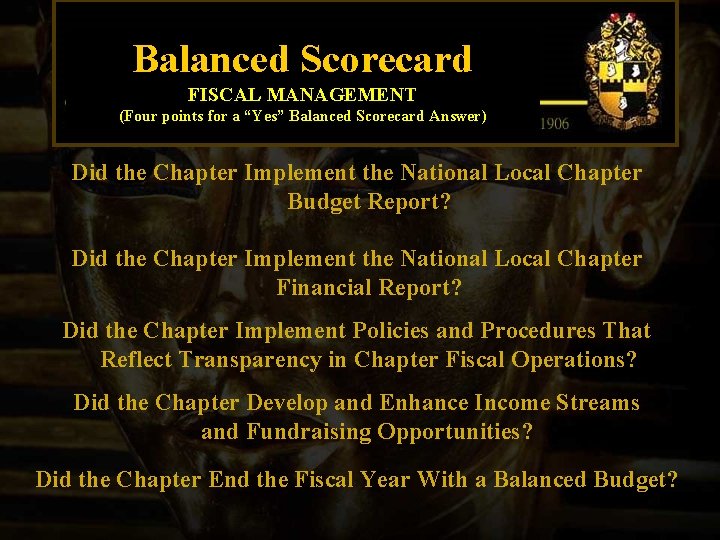 Balanced Scorecard FISCAL MANAGEMENT (Four points for a “Yes” Balanced Scorecard Answer) Did the