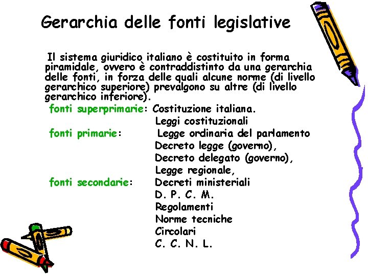 Gerarchia delle fonti legislative Il sistema giuridico italiano è costituito in forma piramidale, ovvero