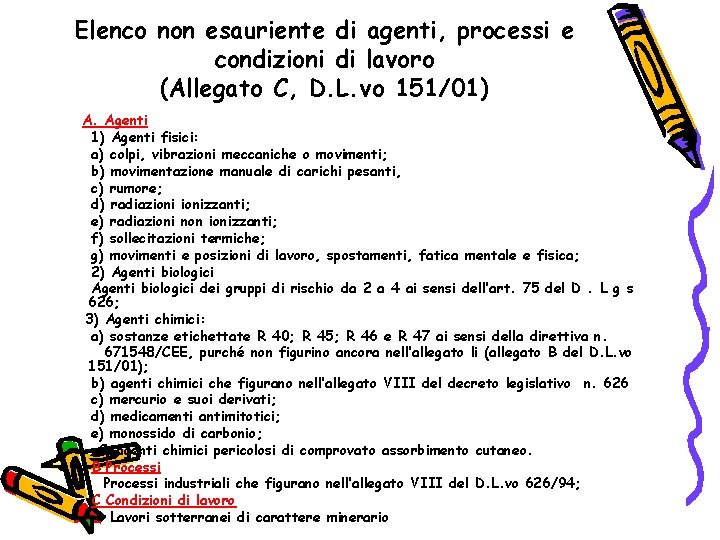 Elenco non esauriente di agenti, processi e condizioni di lavoro (Allegato C, D. L.