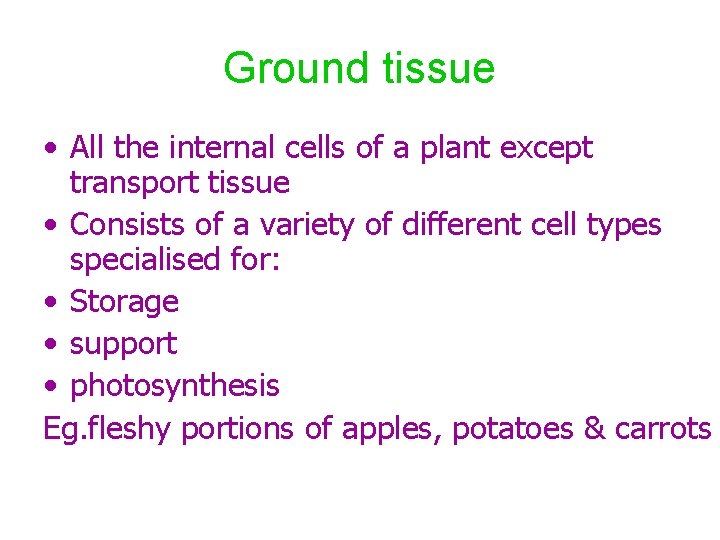 Ground tissue • All the internal cells of a plant except transport tissue •