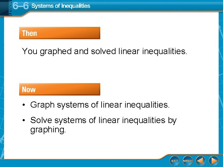 You graphed and solved linear inequalities. • Graph systems of linear inequalities. • Solve