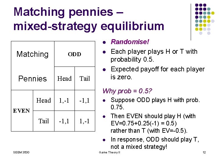 Matching pennies – mixed-strategy equilibrium l Matching ODD l l Pennies Head Tail Randomise!