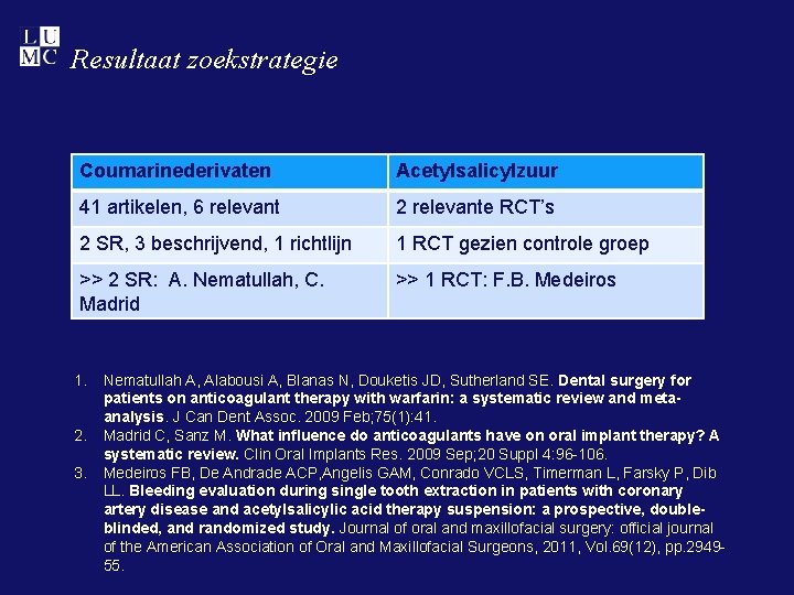 Resultaat zoekstrategie Coumarinederivaten Acetylsalicylzuur 41 artikelen, 6 relevant 2 relevante RCT’s 2 SR, 3 Resultaat zoekstrategie Coumarinederivaten Acetylsalicylzuur 41 artikelen, 6 relevant 2 relevante RCT’s 2 SR, 3