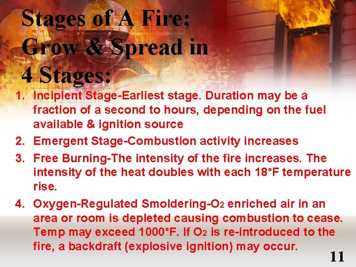 Stages of A Fire; Grow & Spread in 4 Stages: 1. Incipient Stage-Earliest stage.