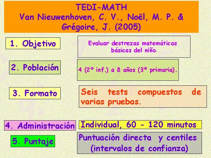 TEDI-MATH Van Nieuwenhoven, C. V. , Noël, M. P. & Grégoire, J. (2005) 1.