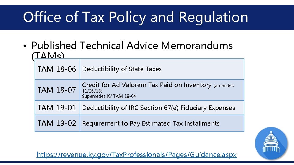 Office of Tax Policy and Regulation • Published Technical Advice Memorandums (TAMs) TAM 18