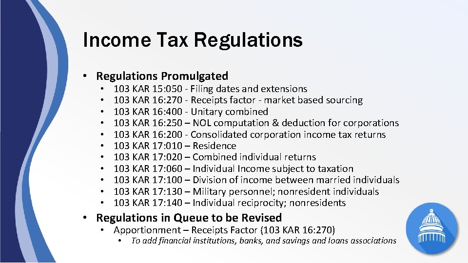 Income Tax Regulations • Regulations Promulgated • • • 103 KAR 15: 050 -