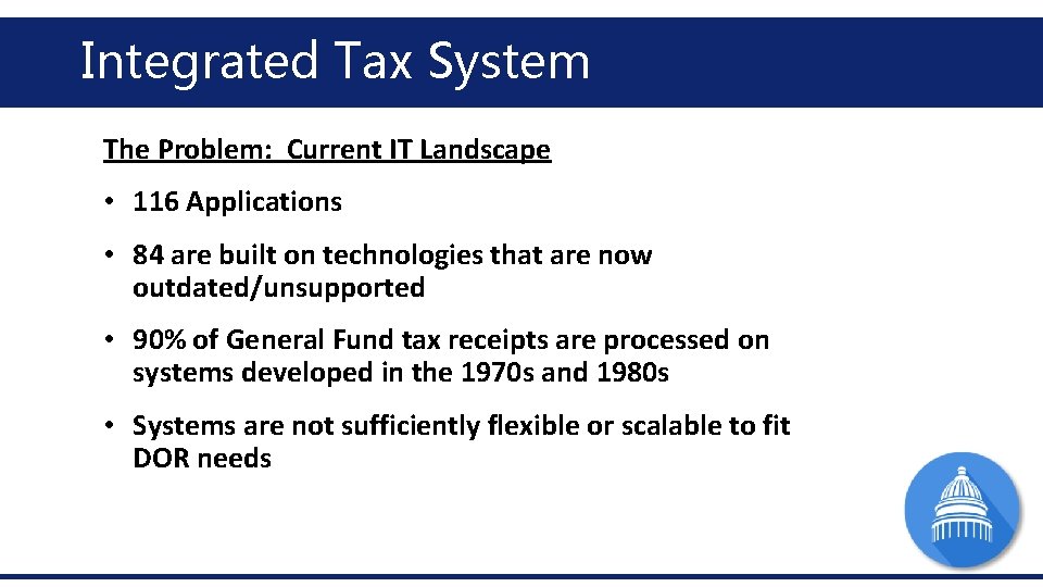 Integrated Tax System The Problem: Current IT Landscape • 116 Applications • 84 are