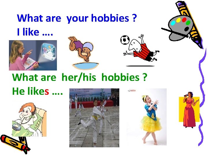 What are your hobbies ? I like …. What are her/his hobbies ? He