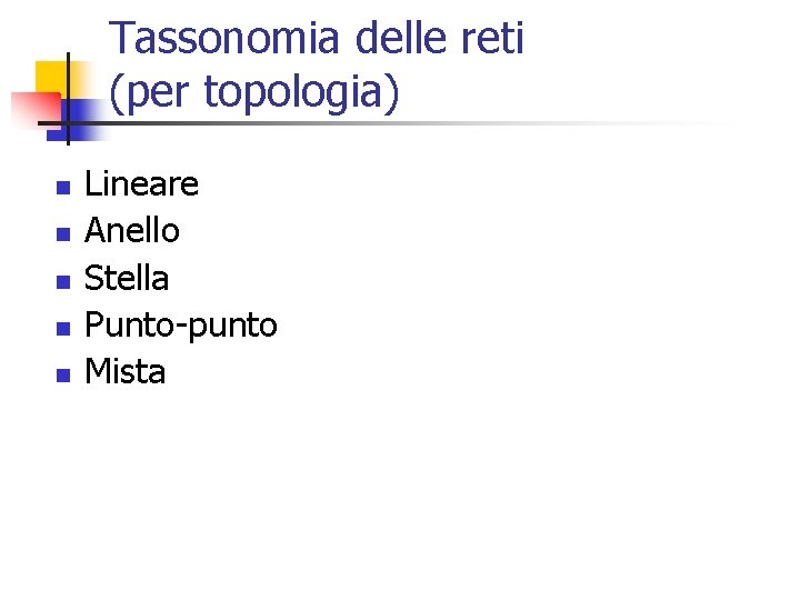 Tassonomia delle reti (per topologia) n n n Lineare Anello Stella Punto-punto Mista 