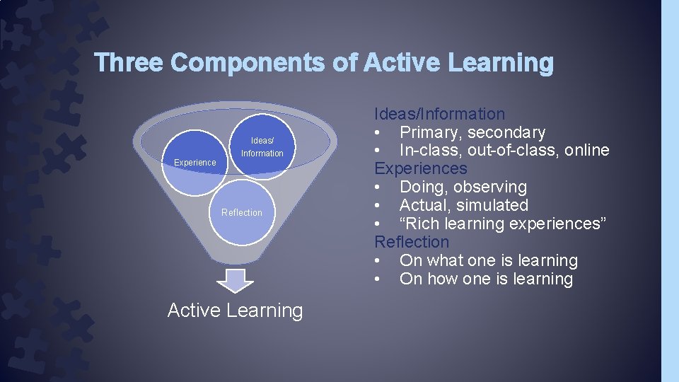Three Components of Active Learning Ideas/ Information Experience Reflection Active Learning Ideas/Information • Primary, Three Components of Active Learning Ideas/ Information Experience Reflection Active Learning Ideas/Information • Primary,