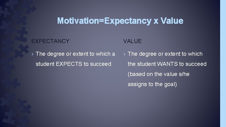 Motivation=Expectancy x Value EXPECTANCY VALUE › The degree or extent to which a › Motivation=Expectancy x Value EXPECTANCY VALUE › The degree or extent to which a ›