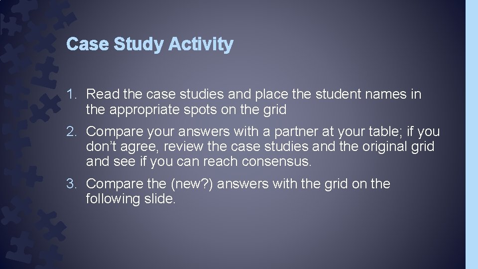 Case Study Activity 1. Read the case studies and place the student names in Case Study Activity 1. Read the case studies and place the student names in