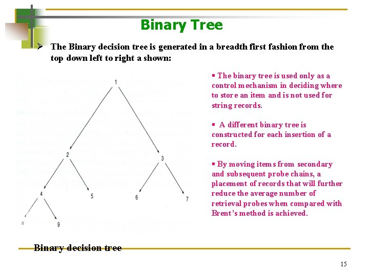 Binary Tree Ø The Binary decision tree is generated in a breadth first fashion Binary Tree Ø The Binary decision tree is generated in a breadth first fashion