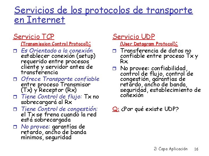 Servicios de los protocolos de transporte en Internet Servicio TCP Servicio UDP Es Orientado