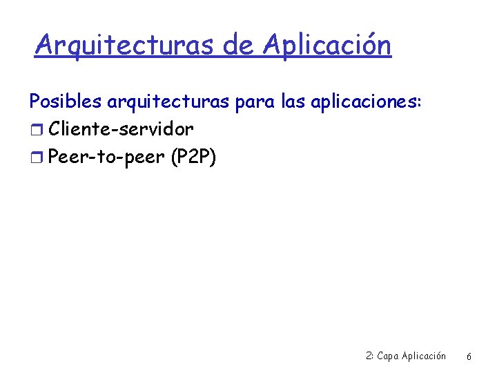 Arquitecturas de Aplicación Posibles arquitecturas para las aplicaciones: Cliente-servidor Peer-to-peer (P 2 P) 2: