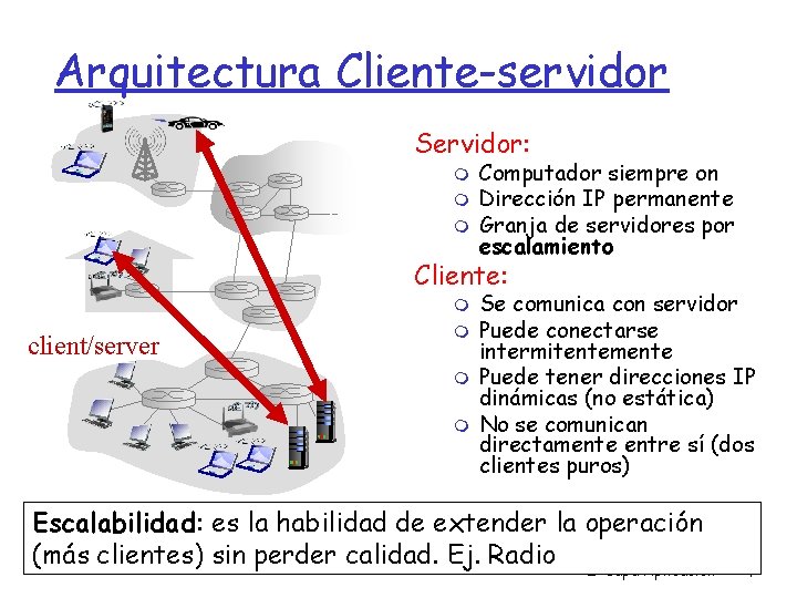 Arquitectura Cliente-servidor Servidor: Computador siempre on Dirección IP permanente Granja de servidores por escalamiento