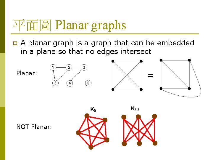 平面圖 Planar graphs p A planar graph is a graph that can be embedded