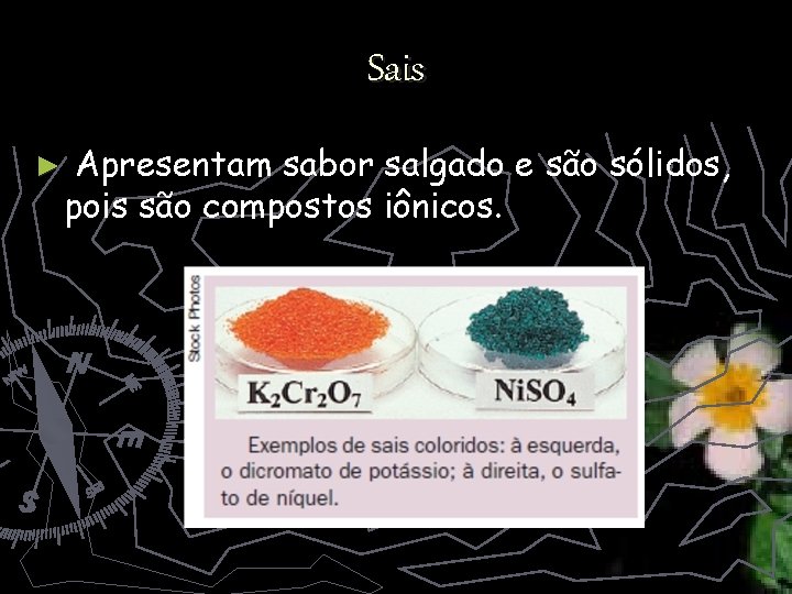 Sais ► Apresentam sabor salgado e são sólidos, pois são compostos iônicos. 