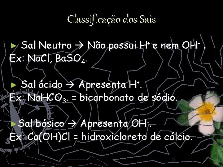 Classificação dos Sais Sal Neutro Não possui H+ e nem OH-. Ex: Na. Cl,