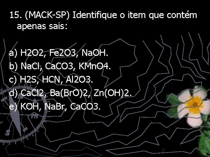 15. (MACK-SP) Identifique o item que contém apenas sais: a) H 2 O 2,