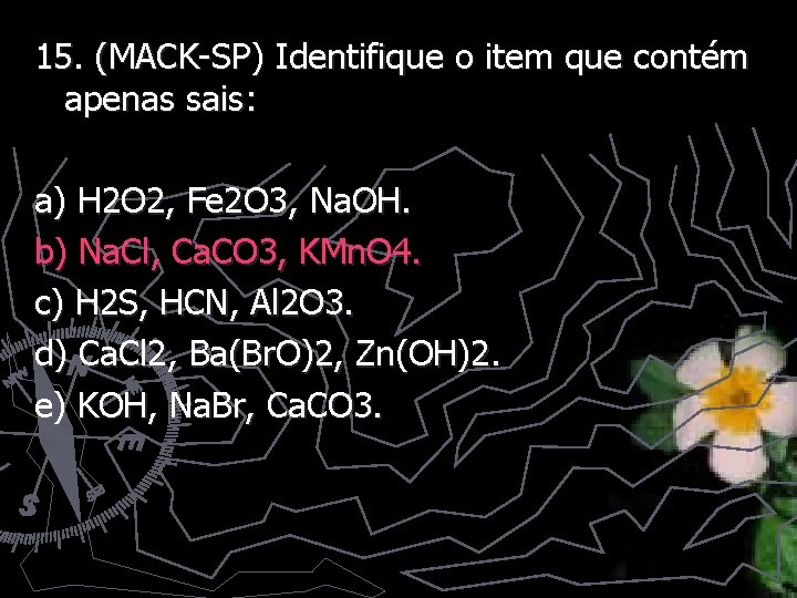 15. (MACK-SP) Identifique o item que contém apenas sais: a) H 2 O 2,