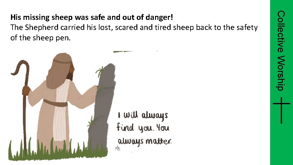 Collective Worship His missing sheep was safe and out of danger! The Shepherd carried