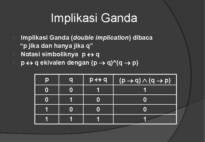 Implikasi Ganda (double implication) dibaca “p jika dan hanya jika q” Notasi simboliknya p