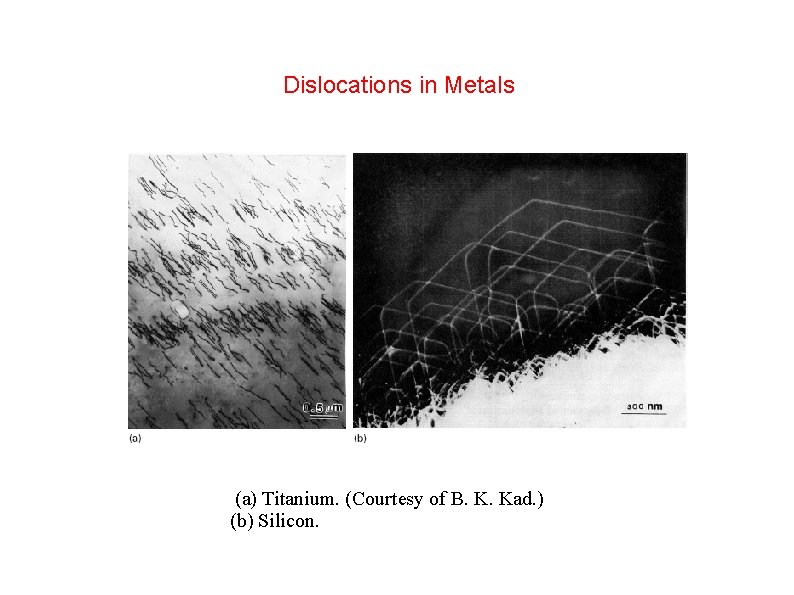 Dislocations in Metals (a) Titanium. (Courtesy of B. K. Kad. ) (b) Silicon. 