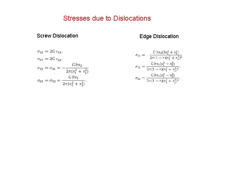 Stresses due to Dislocations Screw Dislocation Edge Dislocation 