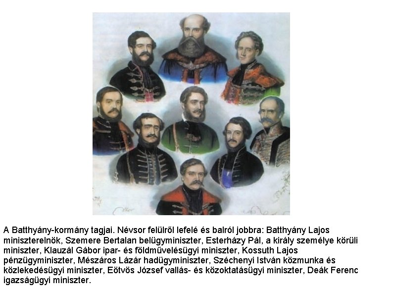 A Batthyány-kormány tagjai. Névsor felülről lefelé és balról jobbra: Batthyány Lajos miniszterelnök, Szemere Bertalan