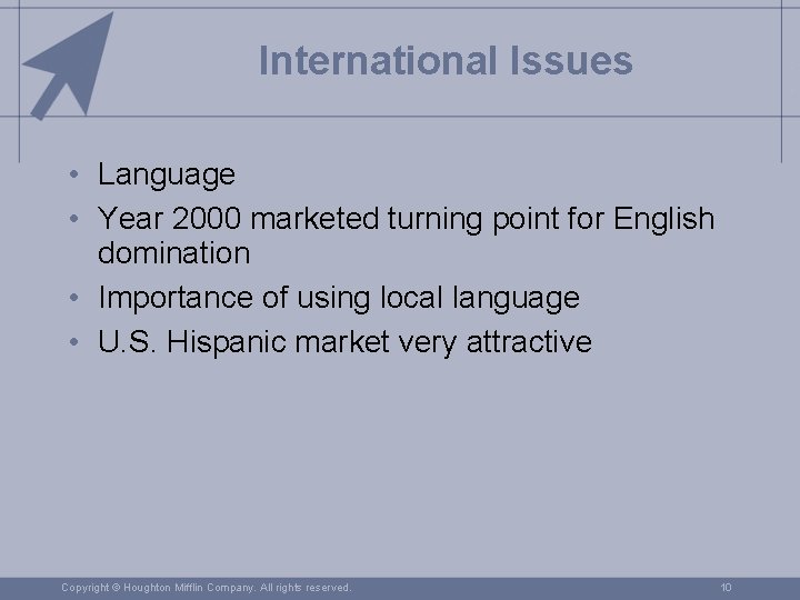 International Issues • Language • Year 2000 marketed turning point for English domination •