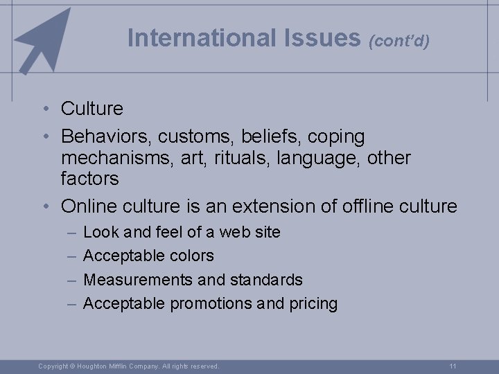 International Issues (cont’d) • Culture • Behaviors, customs, beliefs, coping mechanisms, art, rituals, language,