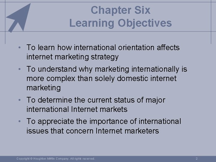 Chapter Six Learning Objectives • To learn how international orientation affects internet marketing strategy