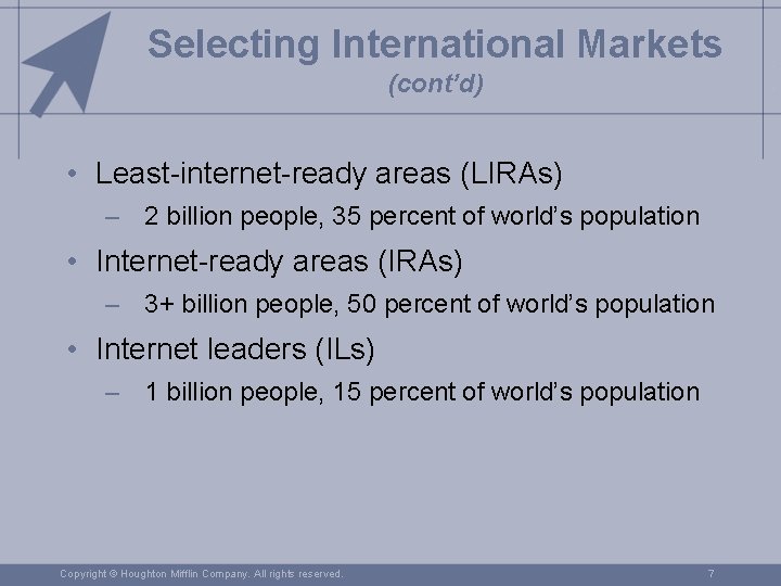 Selecting International Markets (cont’d) • Least-internet-ready areas (LIRAs) – 2 billion people, 35 percent