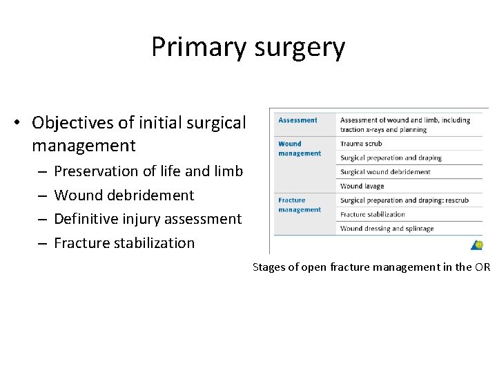 Primary surgery • Objectives of initial surgical management – – Preservation of life and