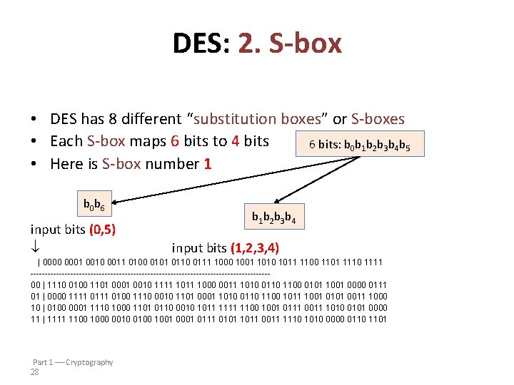 DES: 2. S-box • DES has 8 different “substitution boxes” or S-boxes • Each