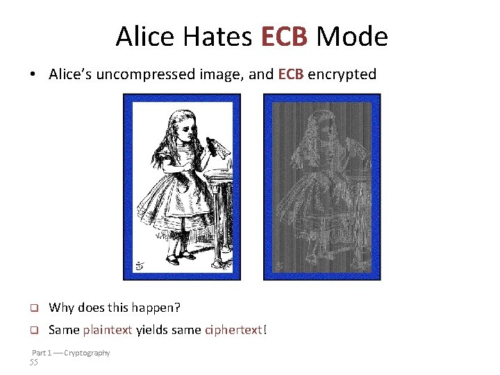 Alice Hates ECB Mode • Alice’s uncompressed image, and ECB encrypted q Why does