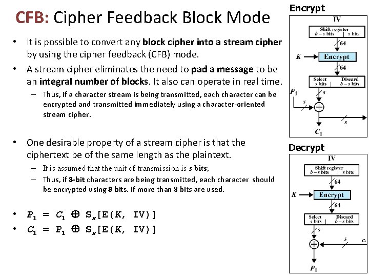 CFB: Cipher Feedback Block Mode Encrypt • It is possible to convert any block